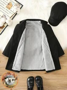 SHEIN Kids Young Boy Fall And Winter, 1pc/Set Thickened Fleece Lined Wool Overcoat - Black - View 4
