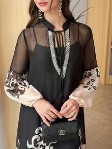 Mulvari 優雅花卉印花V領珍珠飾邊拼接長袖燈籠袖內襯女款阿拉伯風洋裝 - 黑色 - 查看 9