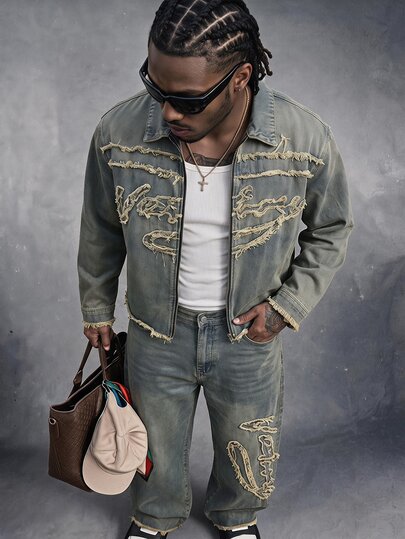 AXEPEAK Men's Washed Vintage Retro Applique Embroidery Loose Fit Set