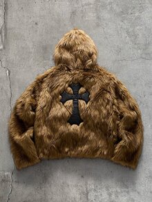 AXEPEAK 男士休閒人造毛皮連帽夾克，長袖附壓扣設計 - 咖啡棕 - 查看 2