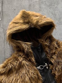 AXEPEAK 男士休閒人造毛皮連帽夾克，長袖附壓扣設計 - 咖啡棕 - 查看 7