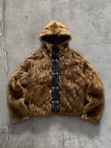 AXEPEAK 男士休閒人造毛皮連帽夾克，長袖附壓扣設計 - 咖啡棕 - 查看 3