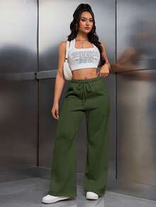 SHEIN LUNE Women's Loose Long Pants With Cream Thermal Lining, Elastic Waistband And Drawstring - Army Green - View 6