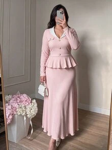 Modelyn Plus Women's Pink 2 Piece Matching Outfit Set, V Lapel Long Sleeve Peplum Top & Flowy Long Skirt, Elegant Sweet Matching Set For Family Christmas - Pink - View 1