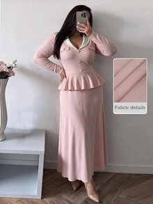 Modelyn Plus Women's Pink 2 Piece Matching Outfit Set, V Lapel Long Sleeve Peplum Top & Flowy Long Skirt, Elegant Sweet Matching Set For Family Christmas - Pink - View 7