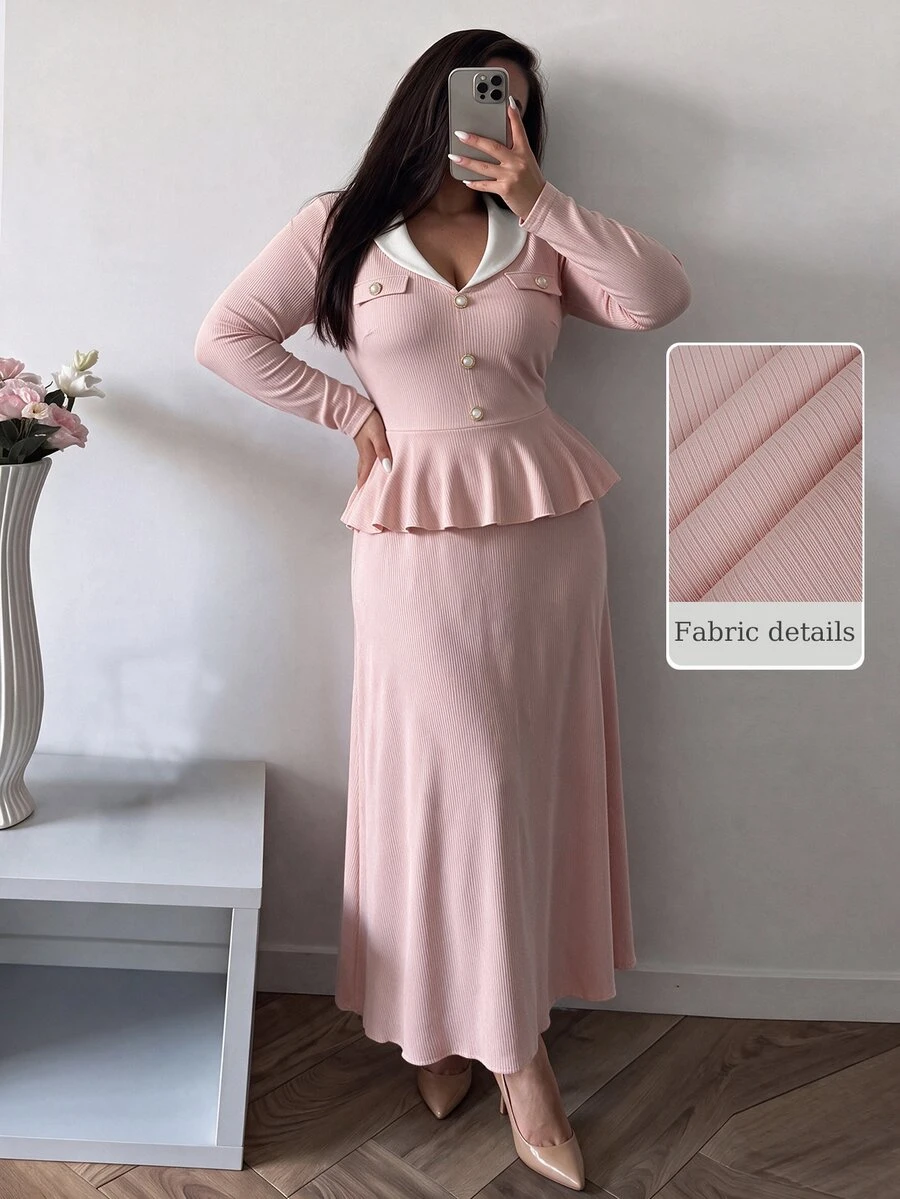 Modelyn Plus Women's Pink 2 Piece Matching Outfit Set, V Lapel Long Sleeve Peplum Top & Flowy Long Skirt, Elegant Sweet Matching Set For Family Christmas