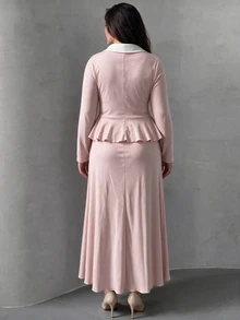Modelyn Plus Women's Pink 2 Piece Matching Outfit Set, V Lapel Long Sleeve Peplum Top & Flowy Long Skirt, Elegant Sweet Matching Set For Family Christmas - Pink - View 2