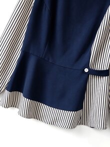 GlowEve CURVE Áo blouse nữ tay dài phối patchwork kẻ sọc 2 trong 1, gấu bèo nhún, phong cách trưởng thành cho mùa xuân/hè, phù hợp đi làm/công sở/hẹn hò/dạo phố mùa thu - Màu xanh hải quân - Xem 5
