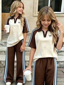 SHEIN Teen Girls 2pcs/Set Casual Streetwear Black White Contrast Trim Wide Sleeveless Round Neck Shirt T-Shirt Sixth Form Party Holiday Formal Brown Summer - Multicolor - View 4