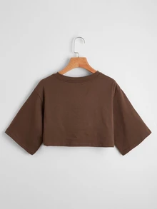 Rovax Solid Drop Shoulder Crop Tee - Coffee Brown - View 2