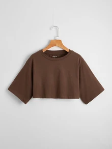 Rovax Solid Drop Shoulder Crop Tee - Coffee Brown - View 3