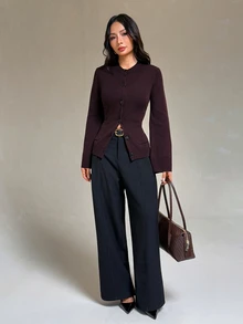 SHEIN PETITE كنزة كارديجان نسائية صغيرة الحجم باللون البني بياقة دائرية وأكمام طويلة (خريف/شتاء) - بني - مشاهدة 6