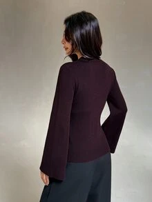 SHEIN PETITE كنزة كارديجان نسائية صغيرة الحجم باللون البني بياقة دائرية وأكمام طويلة (خريف/شتاء) - بني - مشاهدة 2