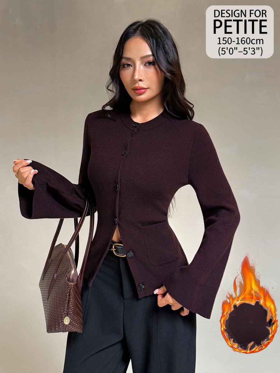 SHEIN PETITE كنزة كارديجان نسائية صغيرة الحجم باللون البني بياقة دائرية وأكمام طويلة (خريف/شتاء) - بني - مشاهدة 1