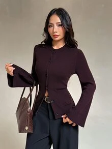 SHEIN PETITE كنزة كارديجان نسائية صغيرة الحجم باللون البني بياقة دائرية وأكمام طويلة (خريف/شتاء) - بني - مشاهدة 8