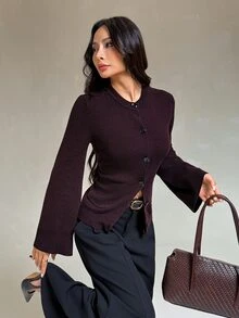 SHEIN PETITE كنزة كارديجان نسائية صغيرة الحجم باللون البني بياقة دائرية وأكمام طويلة (خريف/شتاء) - بني - مشاهدة 5