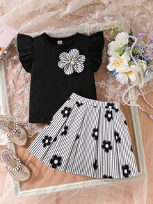 SHEIN 2件組小女孩甜美日常夏季裝飾裝扮套裝，荷葉袖上衣搭配3D花朵裝飾條紋花卉印花百褶裙 - 黑色 - 查看 3