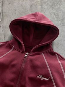 AXEPEAK 男士字母印花長袖拉鍊連帽衛衣與運動長褲休閒套裝 - 酒紅色 - 查看 6
