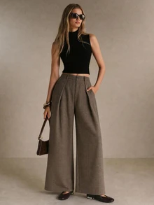 Poéselle Women's Plaid Pleated Fashion Commuter Office Business Wide Leg Suit Pants Grey Plaid Fall Casual - Brown - View 3