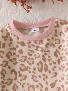 SHEIN 青少年女孩條紋蝴蝶結裝飾2件套服裝，華夫格針織長袖上衣與羅紋喇叭褲套裝 - 卡其色 - 查看 4