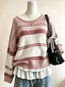 Lalippa Women's Striped Asymmetrical Shoulder Drop Sleeve Casual Sweater - Pink - View 4