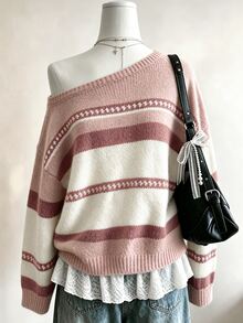 Lalippa Women's Striped Asymmetrical Shoulder Drop Sleeve Casual Sweater - Pink - View 2