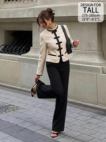 SHEIN Tall 高挑女性休閒杏色夾克，中式設計配盤扣封口 - 杏色 - 查看 3