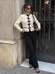 SHEIN Tall 高挑女性休閒杏色夾克，中式設計配盤扣封口 - 杏色 - 查看 4