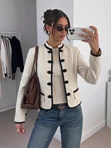SHEIN Tall 高挑女性休閒杏色夾克，中式設計配盤扣封口 - 杏色 - 查看 6