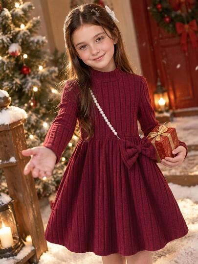 SHEIN Váy công chúa cổ tích phong cách mùa thu cho bé gái, cổ nửa cao, tay dài, kèm túi đeo chéo nơ, màu đỏ rượu vang, phối mẹ và con gái cho tiệc sinh nhật 7 tuổi