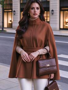 Velvienne Plus Size French Chic Brown Cape Coat, Cinched Waist Stand Collar Luxury Shawl Jacket Fall - Mocha Brown - View 4