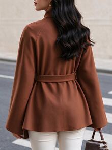 Velvienne Plus Size French Chic Brown Cape Coat, Cinched Waist Stand Collar Luxury Shawl Jacket Fall - Mocha Brown - View 2
