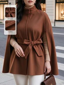 Velvienne Plus Size French Chic Brown Cape Coat, Cinched Waist Stand Collar Luxury Shawl Jacket Fall - Mocha Brown - View 5