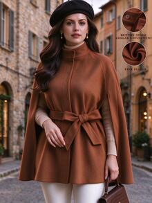 Velvienne Plus Size French Chic Brown Cape Coat, Cinched Waist Stand Collar Luxury Shawl Jacket Fall - Mocha Brown - View 1