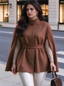 Velvienne Plus Size French Chic Brown Cape Coat, Cinched Waist Stand Collar Luxury Shawl Jacket Fall - Mocha Brown - View 3