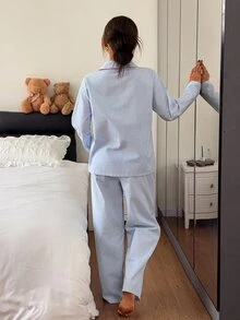 DAZY Women's Bow Decor Striped Long Sleeve Top And Pants Pajama Set Fall - Blue - View 2