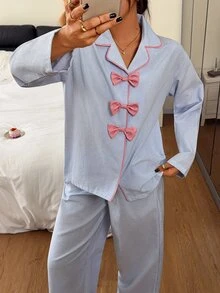 DAZY Women's Bow Decor Striped Long Sleeve Top And Pants Pajama Set Fall - Blue - View 3
