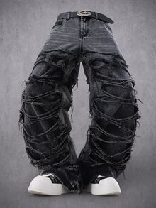 Manfinity Denimwave Men's Casual Distressed Frayed Hem Dark Grey Denim Jeans - Black - View 2