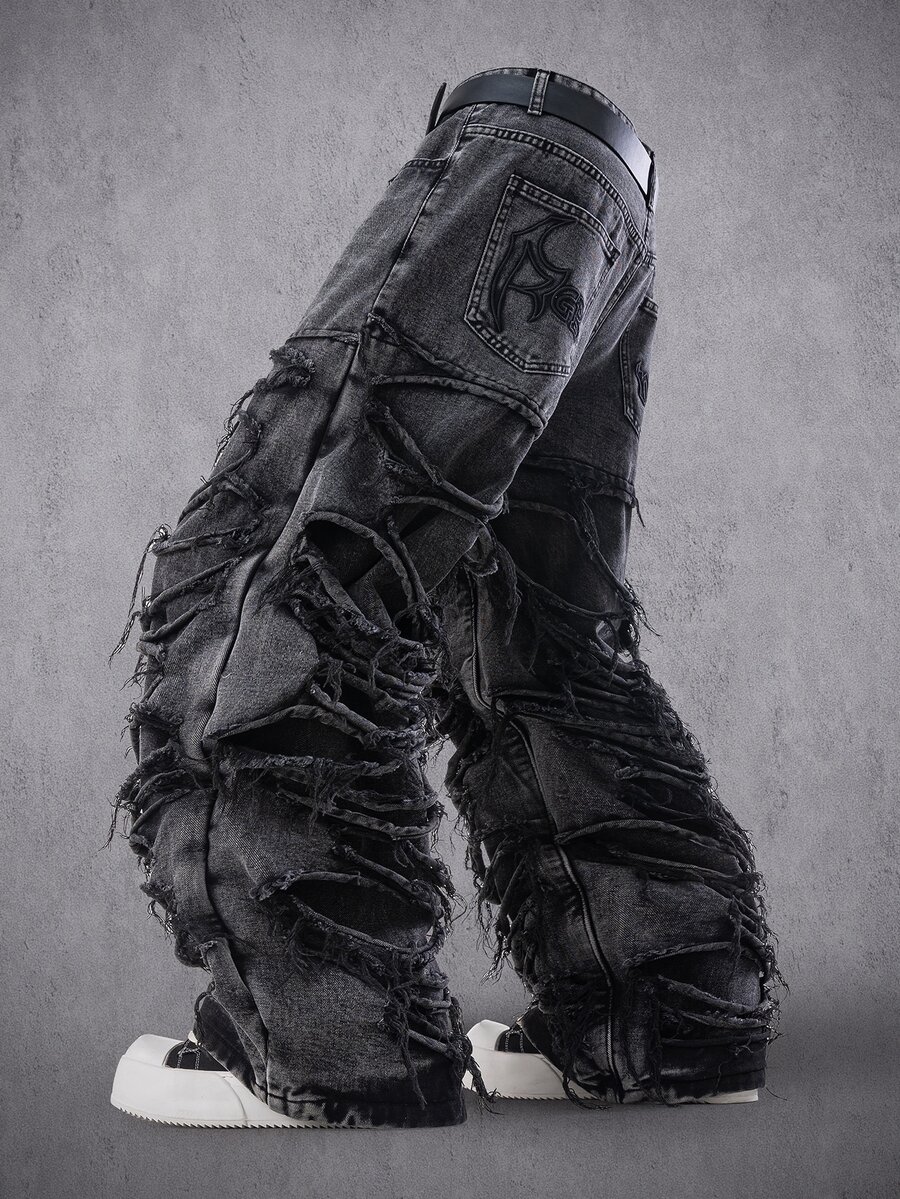 Manfinity Denimwave Men's Casual Distressed Frayed Hem Dark Grey Denim Jeans - Black - View 1
