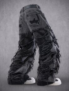 Manfinity Denimwave Men's Casual Distressed Frayed Hem Dark Grey Denim Jeans - Black - View 7