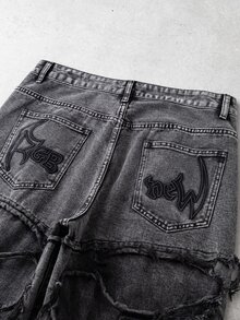 Manfinity Denimwave Men's Casual Distressed Frayed Hem Dark Grey Denim Jeans - Black - View 6