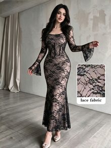 Modelyn French Square Neck Long Sleeve Sheer Lace Light Blue Lining Fitted Mermaid Dress Halloween Night Out Date Night Fall Goth - Black - View 4