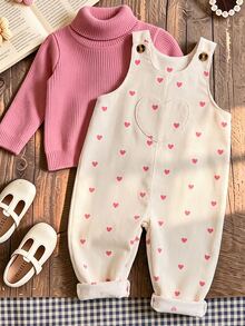 SHEIN Genkimix Kids Young Girl Sweet Heart Print Corduroy Overalls Jumpsuit, Cute Wide Leg Bib Pants With Big Pocket Detail - Burgundy - View 4