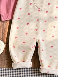 SHEIN Genkimix Kids Young Girl Sweet Heart Print Corduroy Overalls Jumpsuit, Cute Wide Leg Bib Pants With Big Pocket Detail - Burgundy - View 8