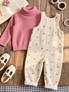 SHEIN Genkimix Kids Young Girl Sweet Heart Print Corduroy Overalls Jumpsuit, Cute Wide Leg Bib Pants With Big Pocket Detail - Burgundy - View 2