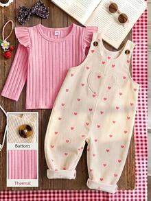SHEIN Genkimix Kids Young Girl Sweet Heart Print Corduroy Overalls Jumpsuit, Cute Wide Leg Bib Pants With Big Pocket Detail - Burgundy - View 3