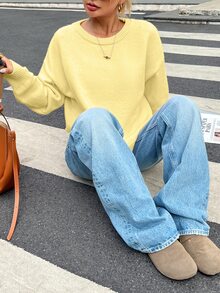 INAWLY 女士圆领落肩长袖宽松休闲毛衣，秋冬针织套头衫 - 黃色 - 查看 6