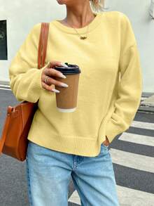INAWLY 女士圆领落肩长袖宽松休闲毛衣，秋冬针织套头衫 - 黃色 - 查看 5