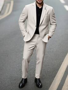 Manfinity Mode Men's Casual Business 2 Pieces Suit, Light Beige Summer Wedding Solid Color Blazer And Pants, Simple Fashion Prom Suit For Daily Wear, Formal - Apricot - View 6