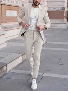 Manfinity Mode Men's Casual Business 2 Pieces Suit, Light Beige Summer Wedding Solid Color Blazer And Pants, Simple Fashion Prom Suit For Daily Wear, Formal - Apricot - View 3